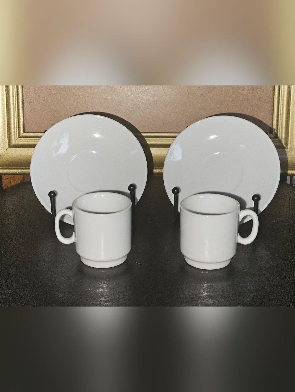 Set of 2 White Ceramic Demitasse Cups with Saucers